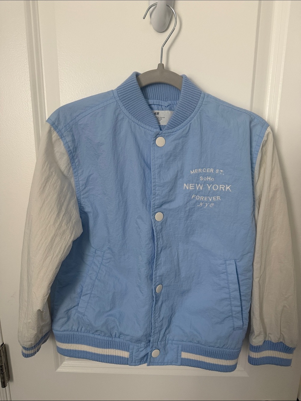 H&M Light Blue & White Kids Bomber Jacket with New York Graphic